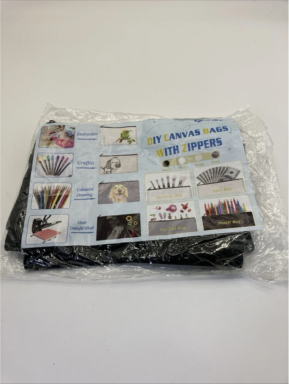 5 Pack Black Cotton Canvas DIY Craft Zipper Bags Pouches Pencil Case for Makeup